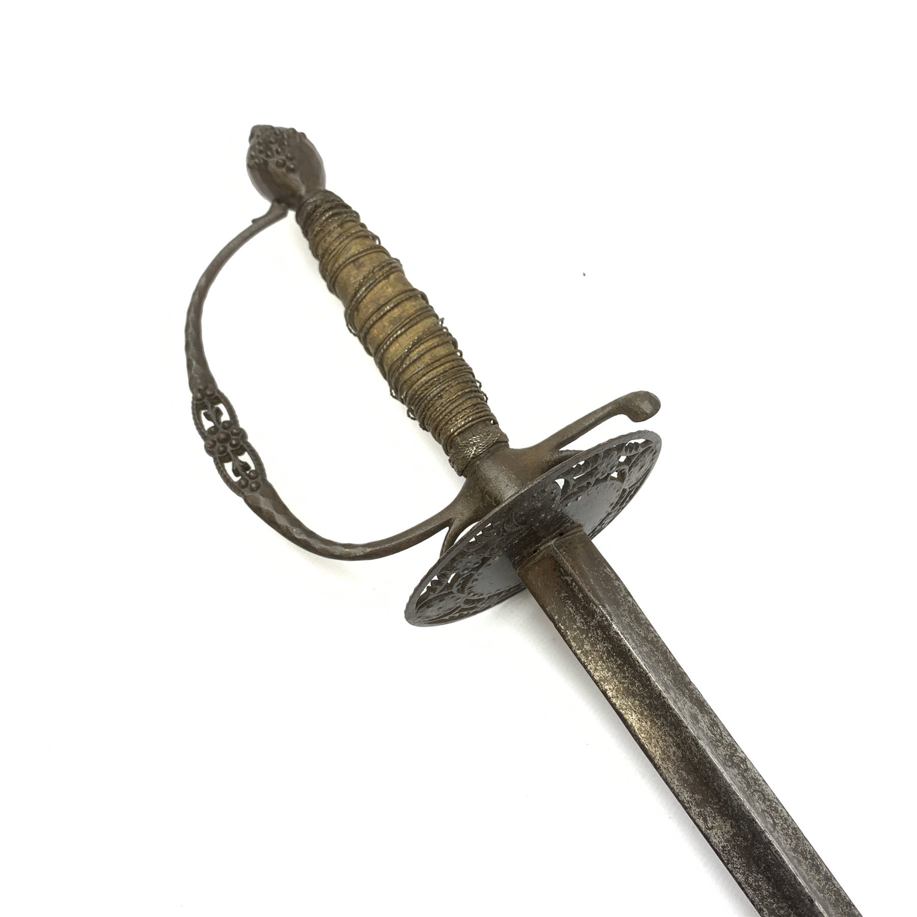 Georgian small sword, 76cm tri-form blade with signs of engraving, cut steel hilt with oval floral a - Image 2 of 6