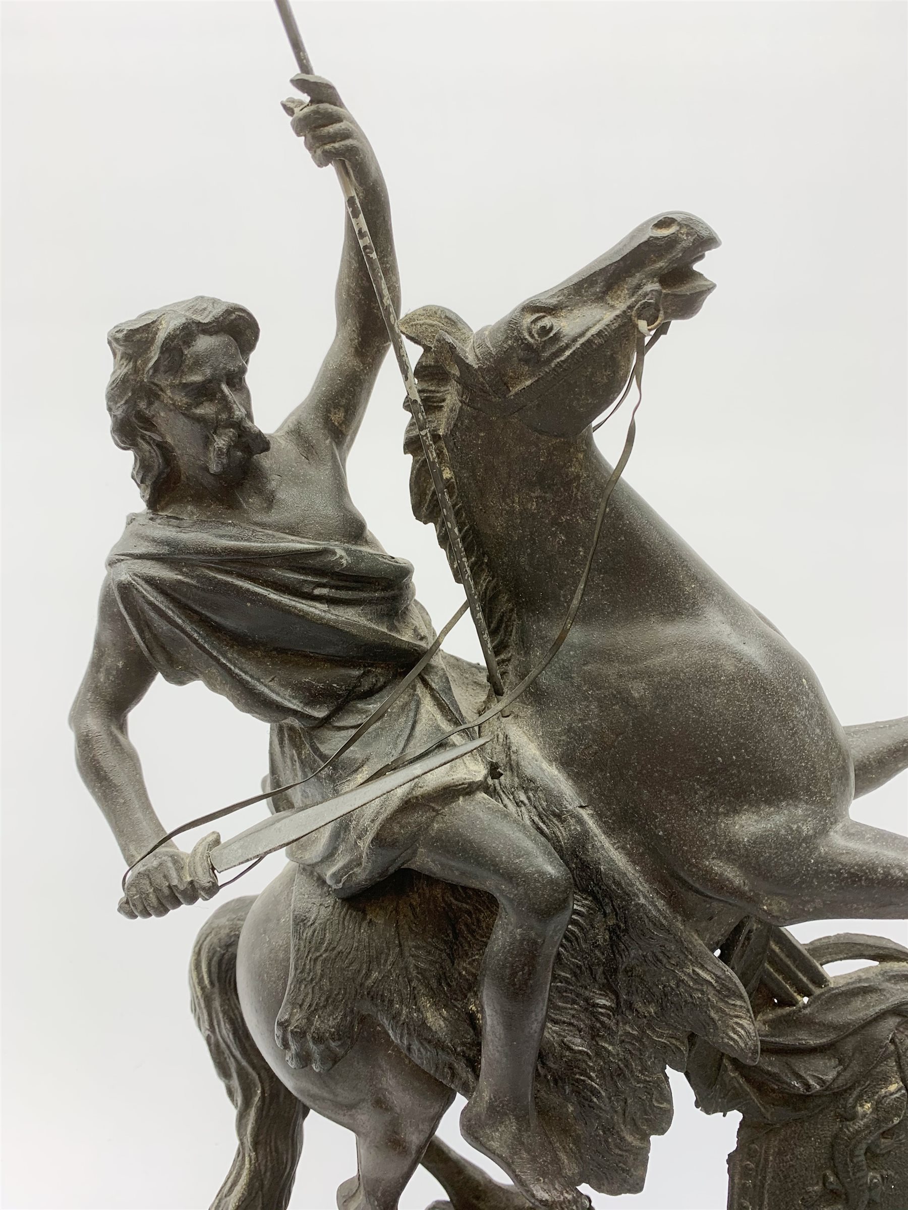 After Theodore Doriot, 19th century spelter figure of a barbarian warrior with spear and sword on a - Image 2 of 4