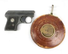 Em-Ge top venting blank firing starting pistol; and Rabone Chesterman surveyor's 33ft tape measure (