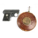 Em-Ge top venting blank firing starting pistol; and Rabone Chesterman surveyor's 33ft tape measure (