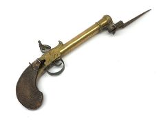 Early 19th century Belgian brass cannon barrelled flintlock overcoat pistol with 12cm spring bayonet