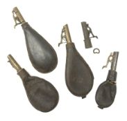 Four 19th century leather shot flasks and a spare brass fitting