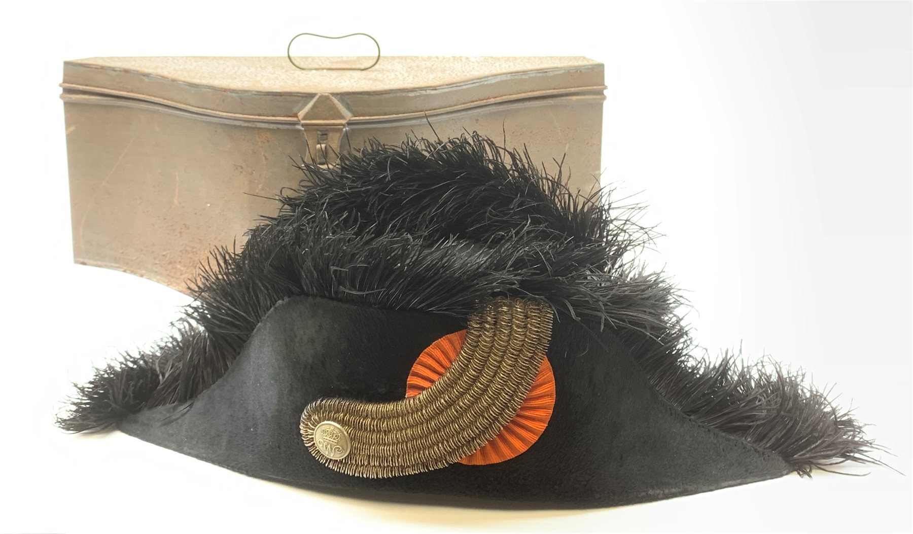 19th century cocked hat, probably French Naval officers, with black moleskin finish and ostrich feat