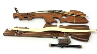 20th century crossbow with sectional mahogany shaped stock and Nikko Stirling telescopic sight L89cm