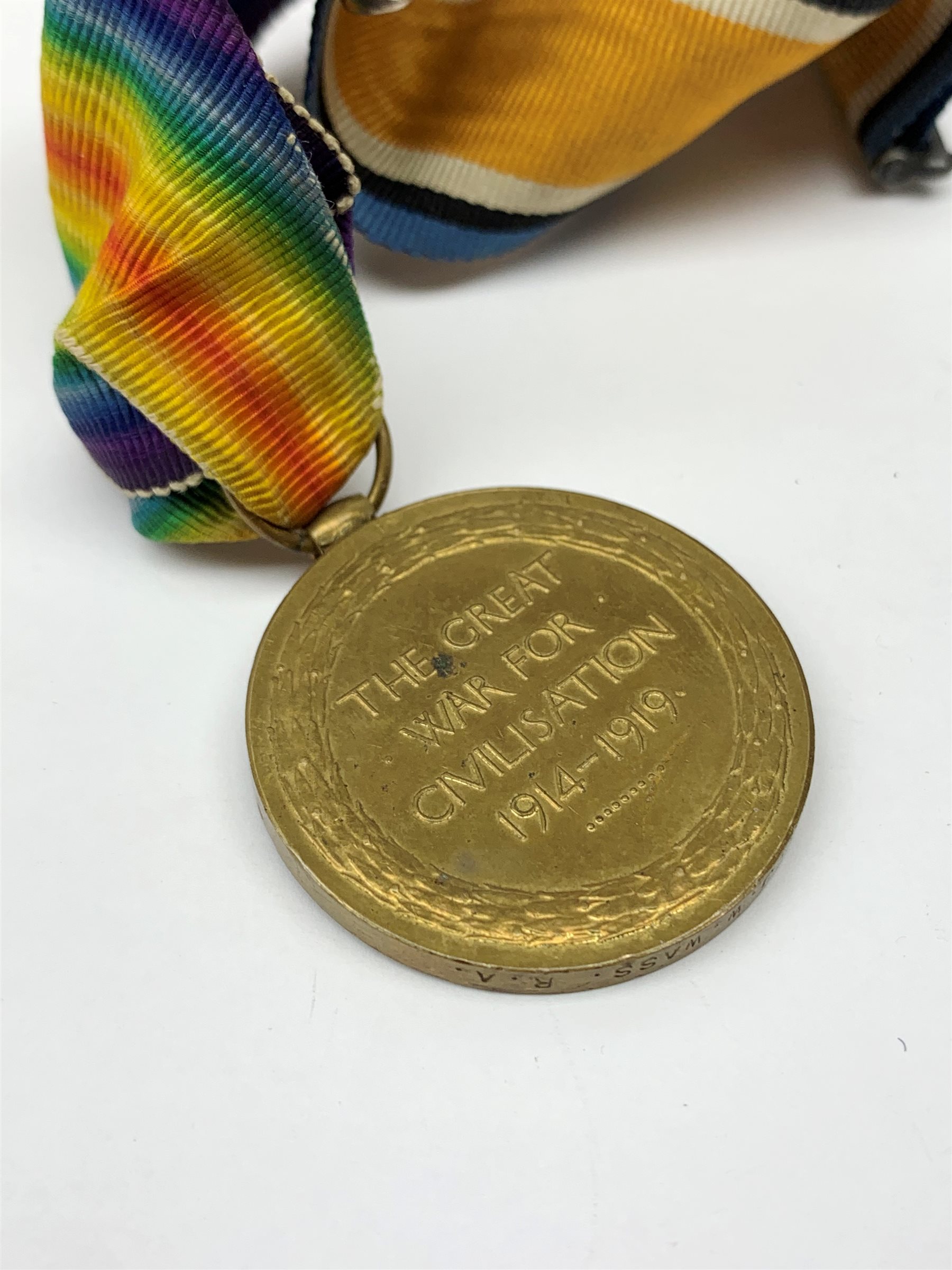 WW1 pair of medals comprising British War Medal and Victory Medal awarded to 151870 Gnr. J.W. Wass R - Image 7 of 8