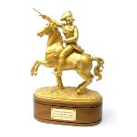 Gilt painted spelter figure of Napoleon Bonaparte on rearing horse, mounted on a later fruitwood bas