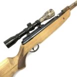 .22 air rifle with under lever action, chequered pistol grip, adjustable butt, camo covered barrel a