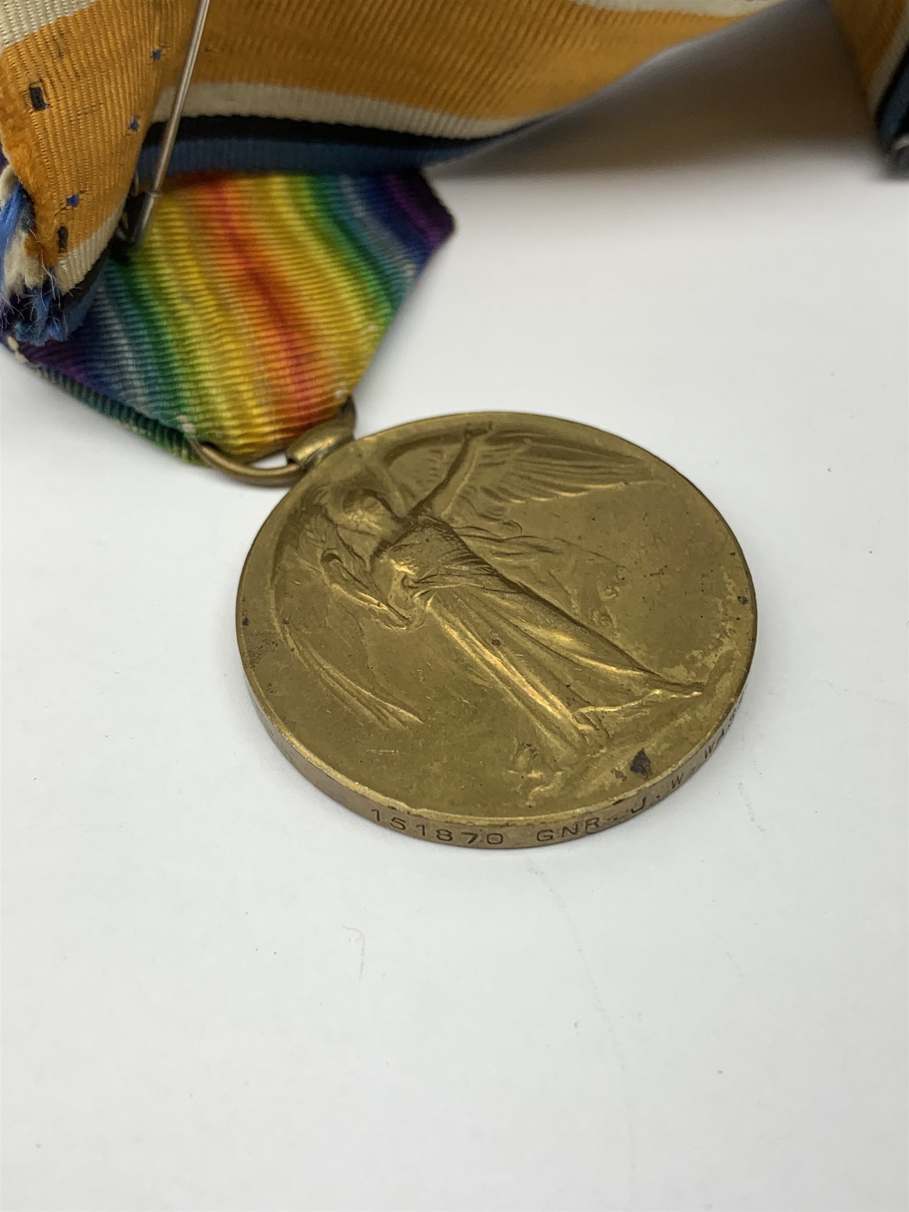 WW1 pair of medals comprising British War Medal and Victory Medal awarded to 151870 Gnr. J.W. Wass R - Image 6 of 8