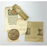 WW1 bronze memorial plaque to Wilfrid (Wilfred) Harrison of Whitby in issue envelope with note, toge