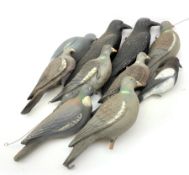 Three die-cast half body decoy pigeons L36cm and a similar tin-plate; together with fourteen plastic