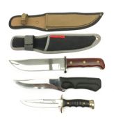 Hunting knife with 17cm single edge blade stamped Tramontina with brass riveted wooden slab grip L29