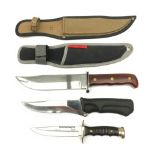 Hunting knife with 17cm single edge blade stamped Tramontina with brass riveted wooden slab grip L29