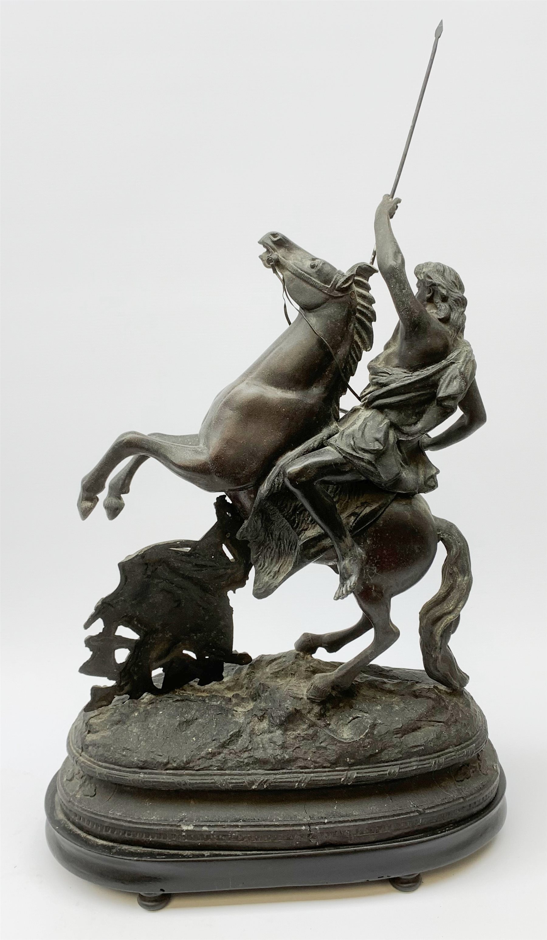 After Theodore Doriot, 19th century spelter figure of a barbarian warrior with spear and sword on a - Image 4 of 4