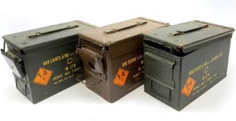 Large quantity of 16-bore shotgun cartridges, boxed and loose, contained in three portable metal amm