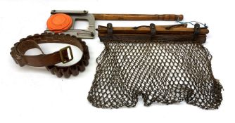 Gamekeeper's wooden game carrier with leather and netting bag under, the swivel handle impressed R.