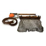 Gamekeeper's wooden game carrier with leather and netting bag under, the swivel handle impressed R.
