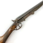 Belgian .410 side-by-side double barrel hammer shot gun with side lever operated folding 70cm barrel