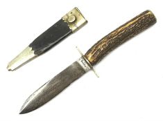 Late 19th century hunting knife by Davie11cm spear point blade, antler grip and leather sheath with