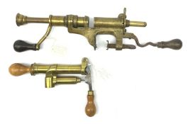 Two 19th century brass 12-bore cartridge making tools comprising bench mounting Bartram & Co Patent