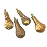 Four Victorian copper and brass powder flasks, three marked Dixon & Sons, one embossed with game bir