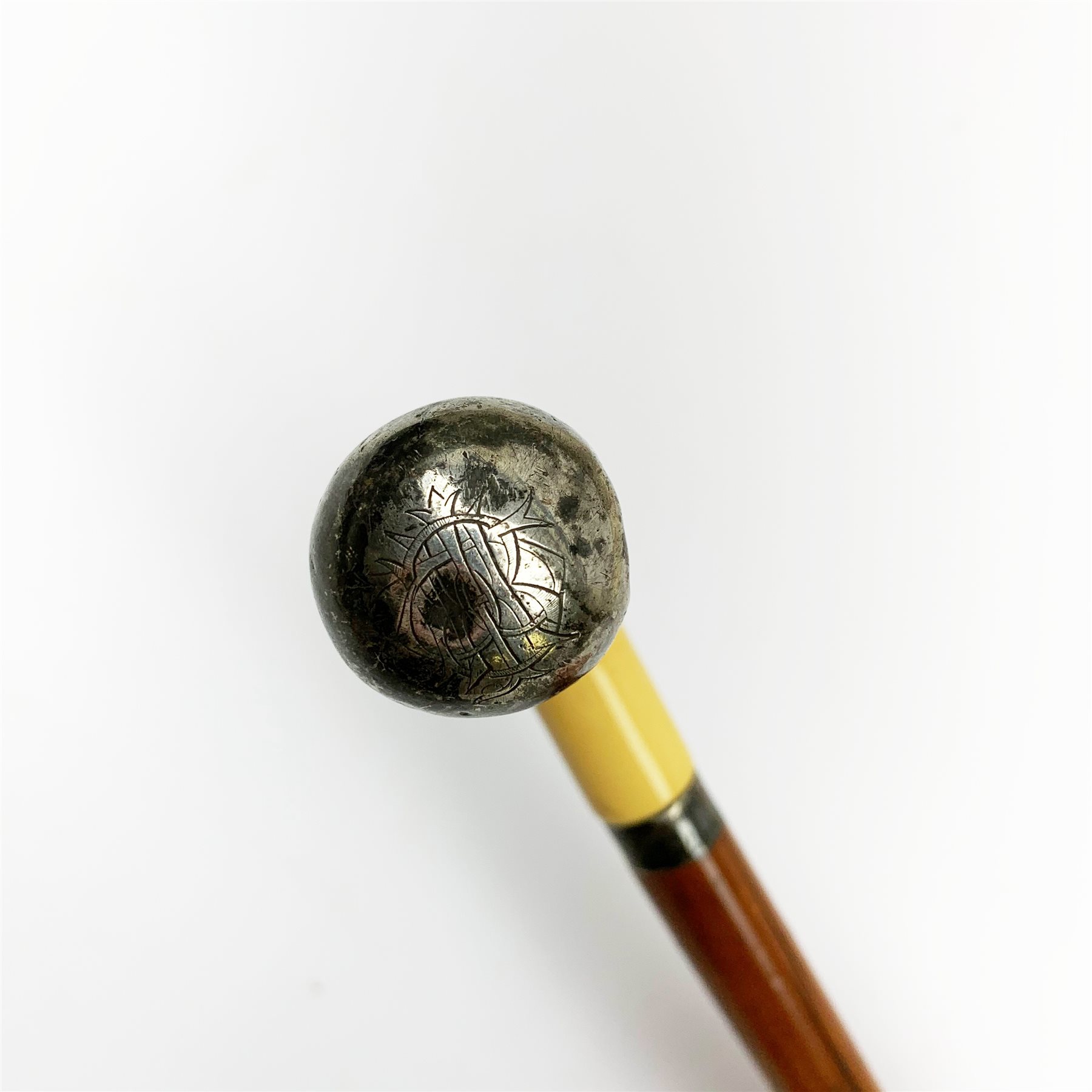 19th century malacca sword-stick with ivory handle and engraved white metal mounts, slim 74cm engrav - Image 5 of 10