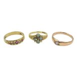 Gold single stone diamond ring, stamped 18ct, 9ct gold ruby and split pearl ring, London 1977 and