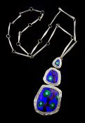 Scottish silver and enamel stylized tree formed from three graduated asymmetrical pendants, makers m