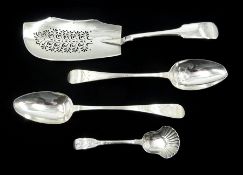 George IV silver fish server, Fiddle pattern by George Turner, Exeter 1825, silver caddy spoon by Sa