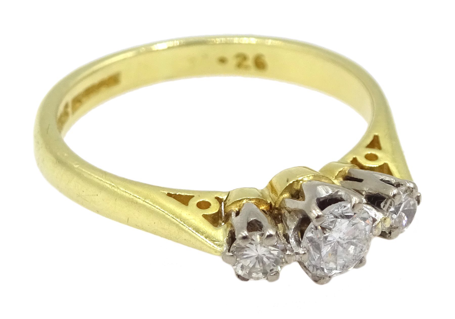 18ct gold three stone round brilliant cut diamond ring, Birmingham 1989, total diamond weight 0.26 c - Image 3 of 4