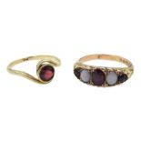 Edwardian 9ct gold five stone opal and garnet ring, Chester 1902 and a 9ct gold single stone garnet