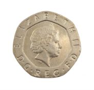 Queen Elizabeth II undated 20p coin, minting error coin which should bear the date 2008