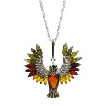 Silver Baltic amber bird pendant necklace, stamped 925