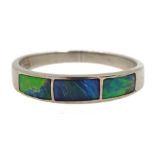 18ct white gold three stone opal ring, rubover set, stamped 750