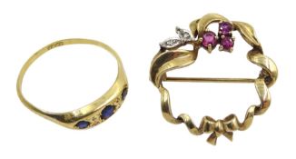 9ct gold ruby and diamond circular bow brooch, hallmarked and a gold sapphire and diamond ring stamp