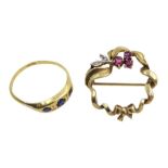 9ct gold ruby and diamond circular bow brooch, hallmarked and a gold sapphire and diamond ring stamp