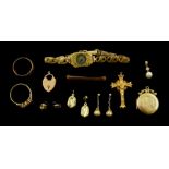 Gold locket pendant, ring, bar brooch, cross and jewellery oddments, all 9ct stamped or hallmarked,
