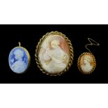 18ct gold blue agate cameo brooch despicting a lady and a bird, stamped 750, 9ct gold shell cameo br