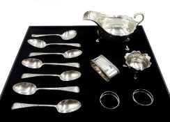 Five silver teaspoons, bright cut decoration by Josiah Williams & Co, London 1900, silver sauce boat