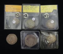 Various hammered coins including James I 1623 sixpence, Charles I 1625-1644 shilling and four other