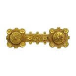 Victorian 19ct gold Etruscan design bar brooch, applied filigree decoration