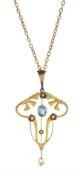 Edwardian 9ct gold blue topaz and seed pearl pendant, on 13ct gold chain necklace with clasp stamped