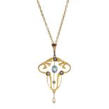 Edwardian 9ct gold blue topaz and seed pearl pendant, on 13ct gold chain necklace with clasp stamped