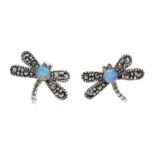 Pair of silver marcasite and opal dragonfly stud earrings, stamped 925