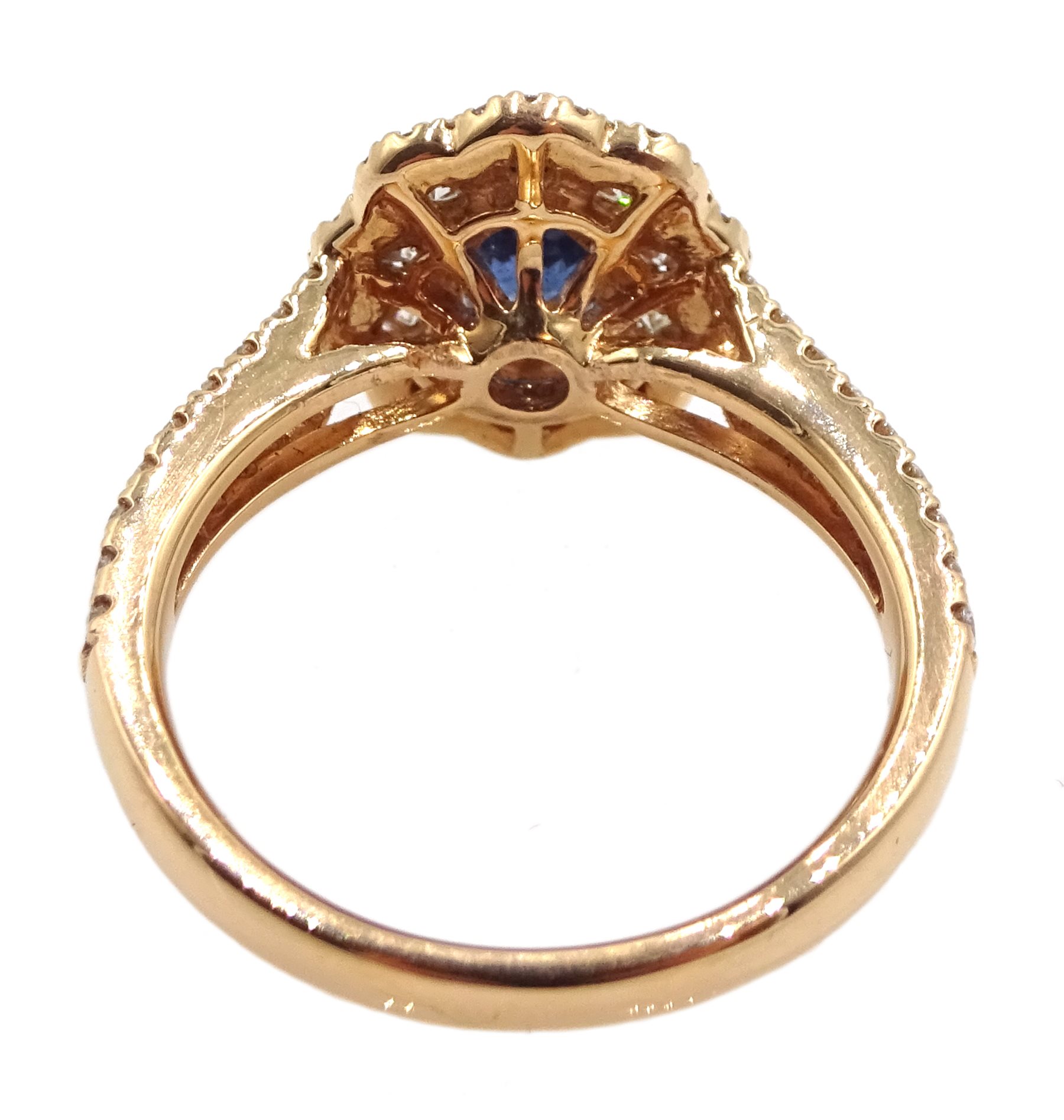 18ct rose gold oval sapphire and diamond cluster ring, with diamond set shoulders, hallmarked, sapph - Image 6 of 6