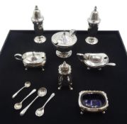 Silver three piece cruet by Adie Brothers Ltd, Birmingham 1923, three piece cruet by Viner's Ltd, Sh