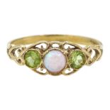 9ct gold three stone opal and peridot ring, hallmarked