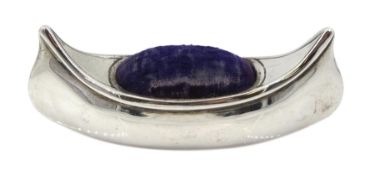 Edwardian silver pin cushion, in the form of a canoe by Cornelius Desormeaux Saunders & James Franci