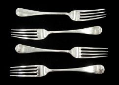 Set of four silver dinner forks, Old English and Pip pattern by Walker & Hall, Sheffield 1911, appro