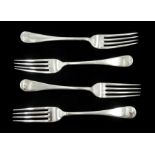 Set of four silver dinner forks, Old English and Pip pattern by Walker & Hall, Sheffield 1911, appro