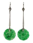 Pair of white gold carved jade pendant earrings, stamped 18ct